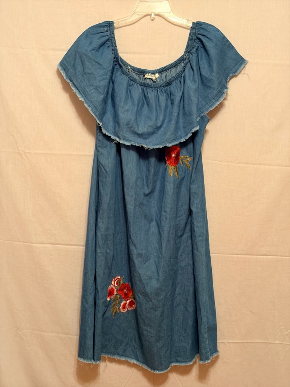 Off-Shoulder Denim Dress with Floral Embroidery - Blue